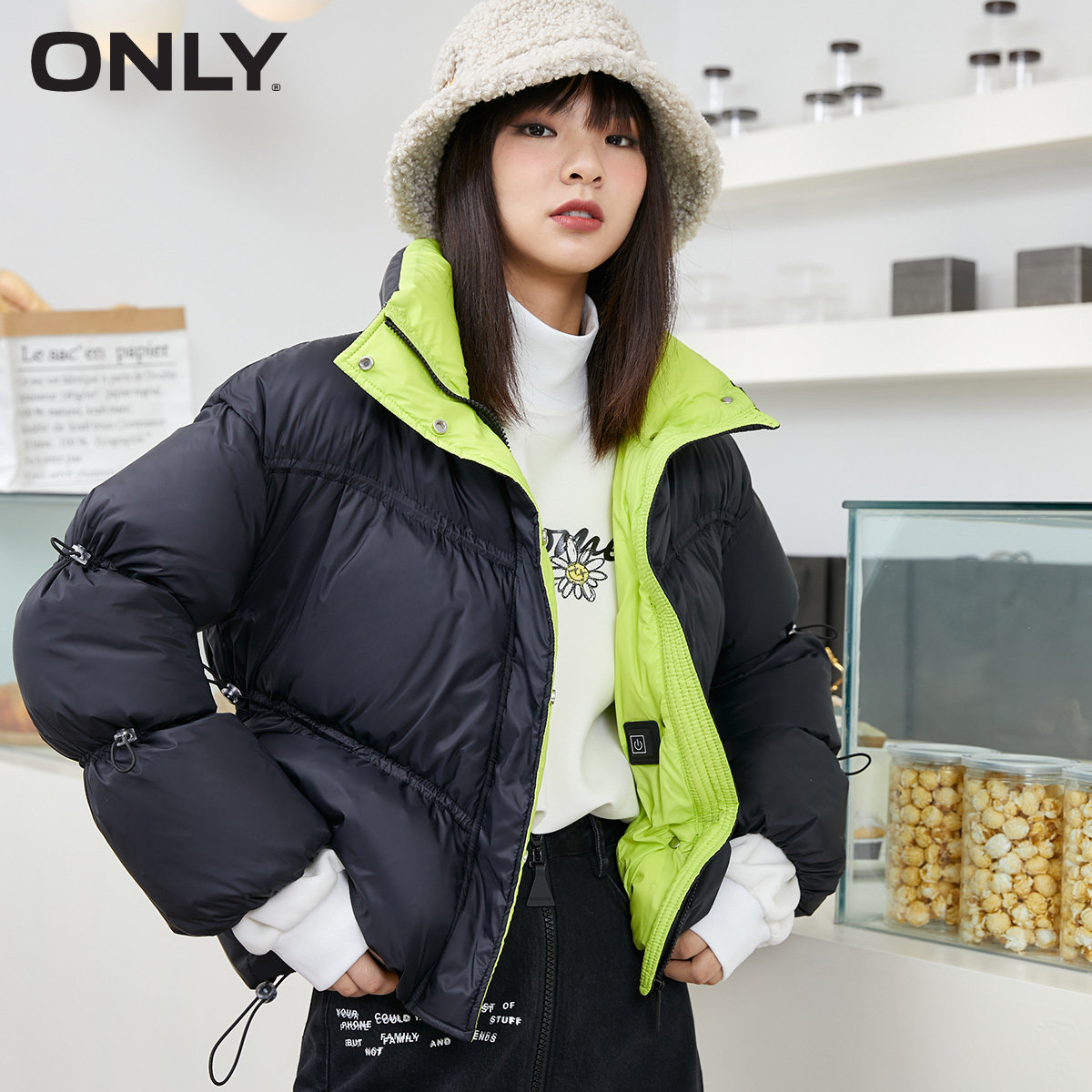 only奥莱冬季短款抽绳usb羽绒服 ONLYoutlets店羽绒服