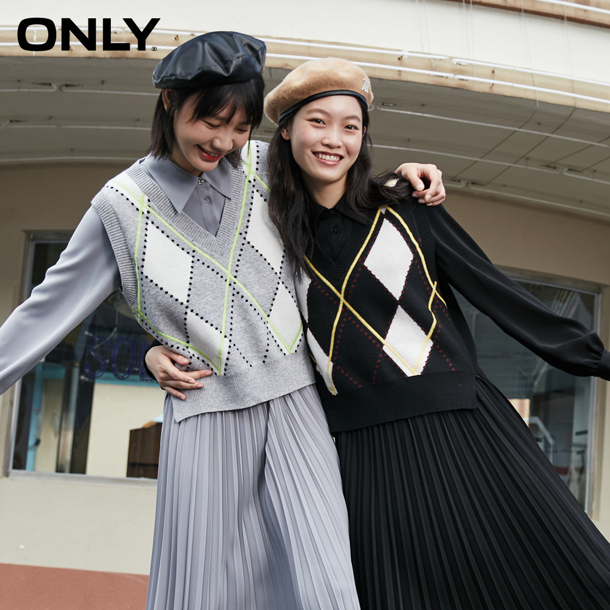 only2021甜美两件套格子针织连衣裙 ONLYoutlets店连衣裙