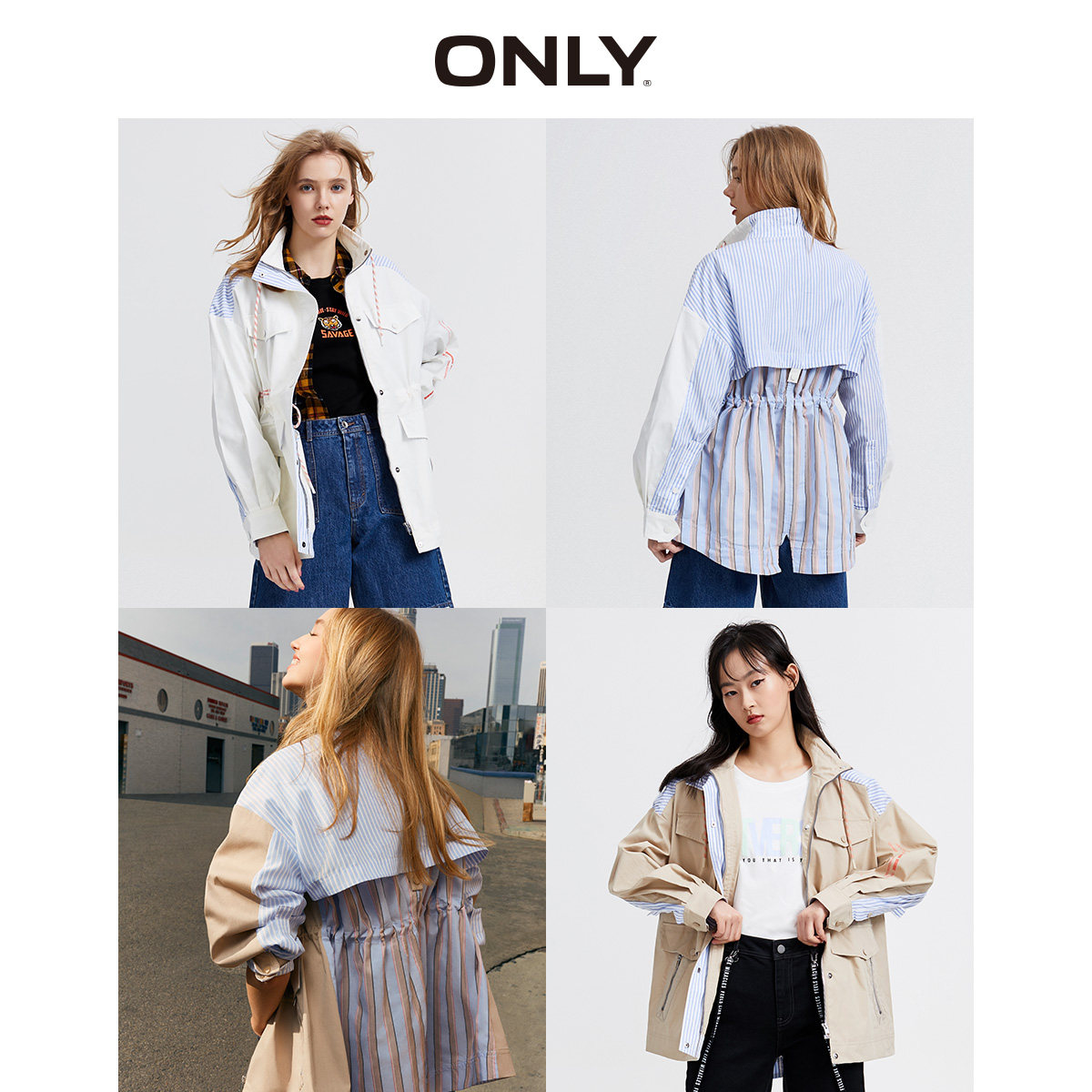 only奥莱秋季新款条纹拼接休闲潮流 ONLYoutlets店风衣