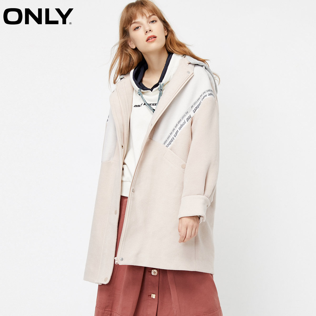 only奥莱加厚连帽中长款棒球服毛呢 ONLYoutlets店毛呢外套