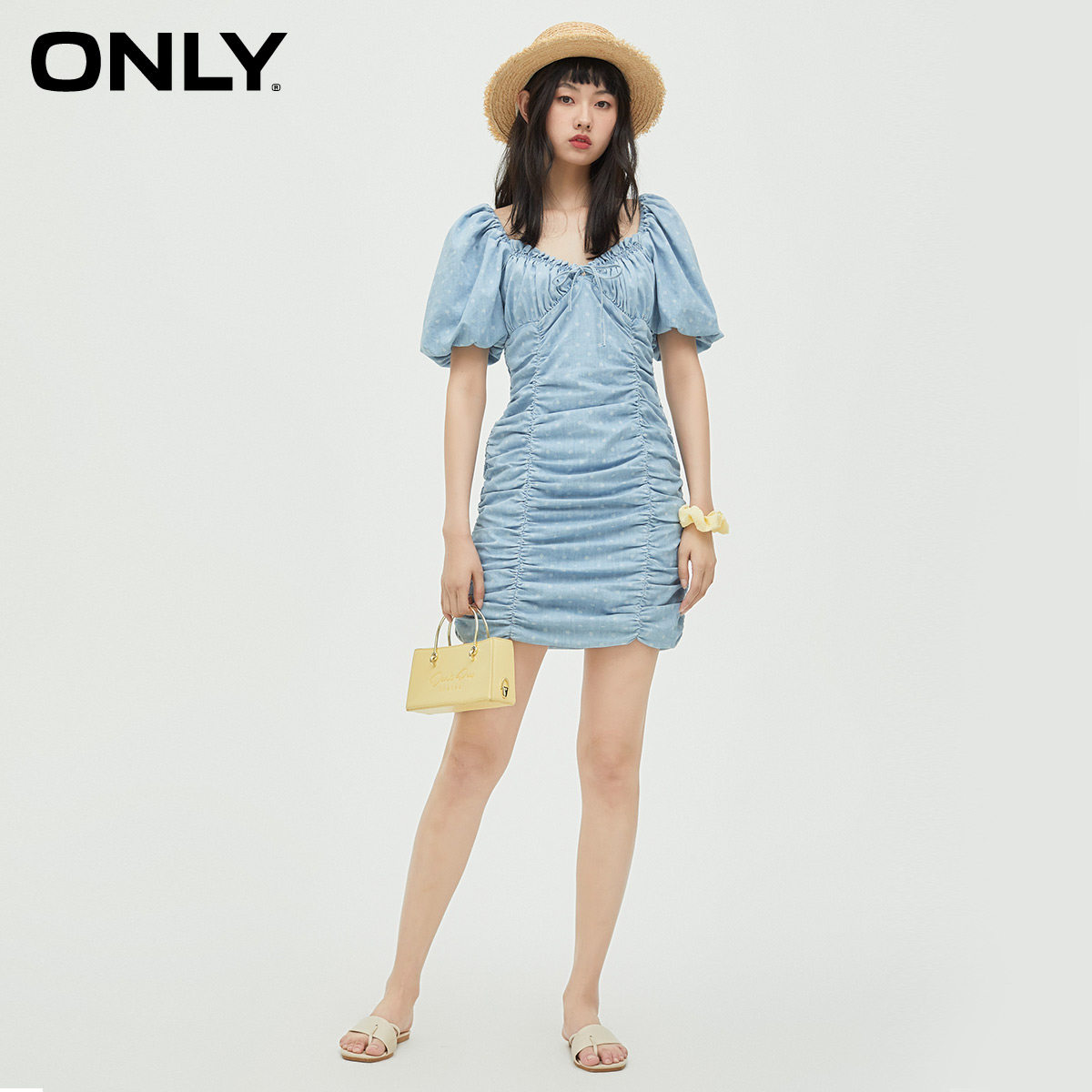 only奥莱春季新款方领泡泡袖连衣裙 ONLYoutlets店连衣裙