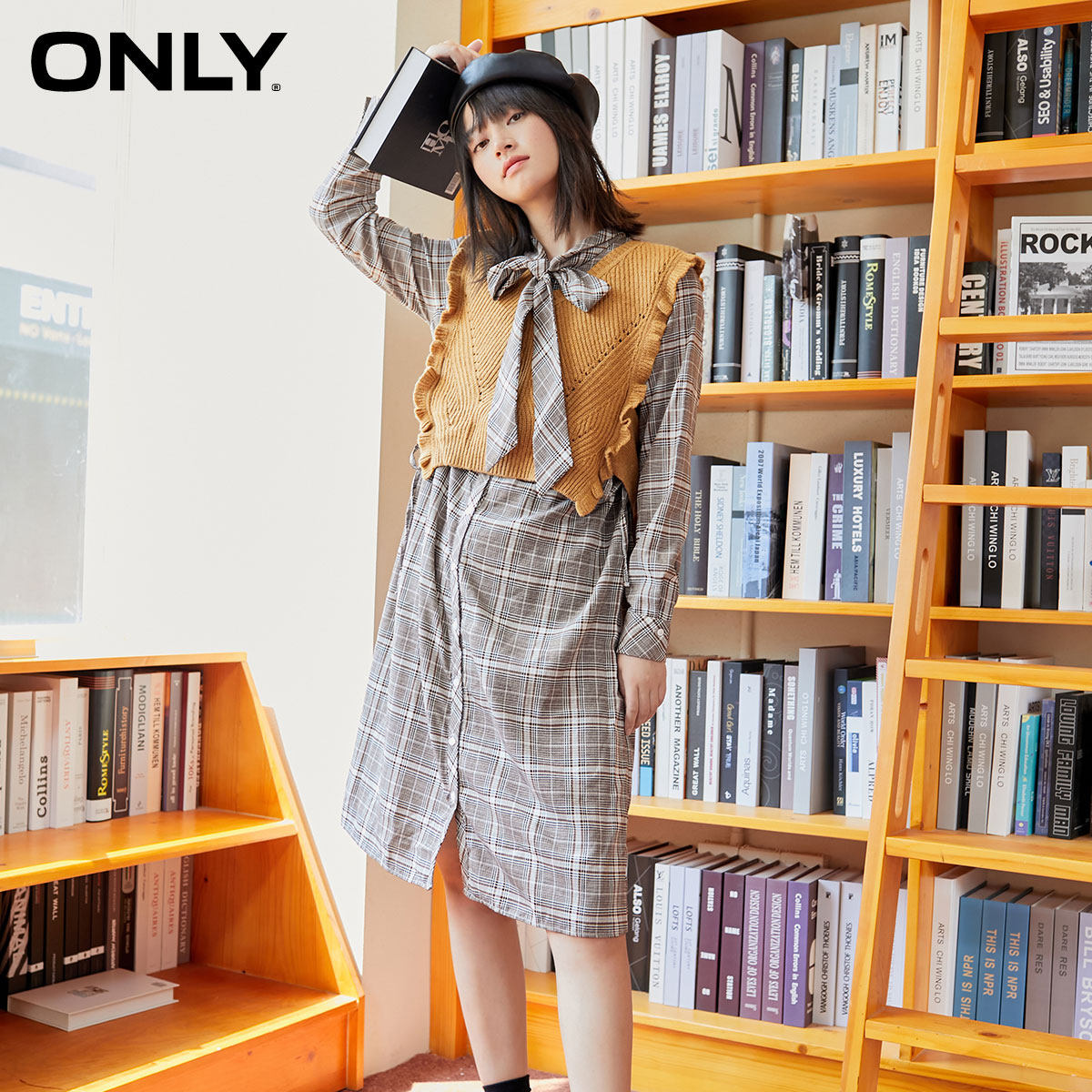 only夏季新款宽松长袖收腰格纹裙子 ONLYoutlets店连衣裙