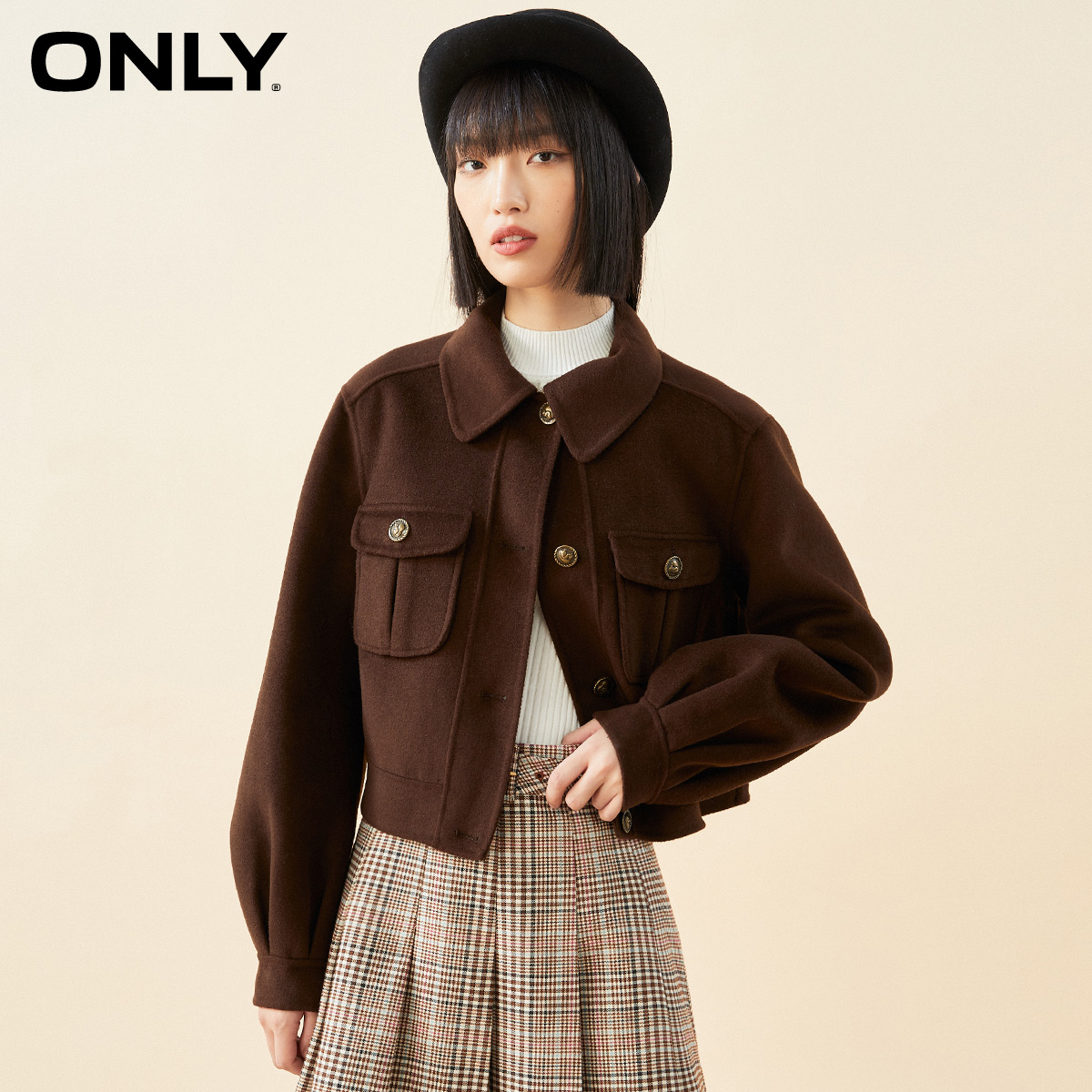 only2021冬新款短款羊毛毛女呢大衣 ONLYoutlets店毛呢外套