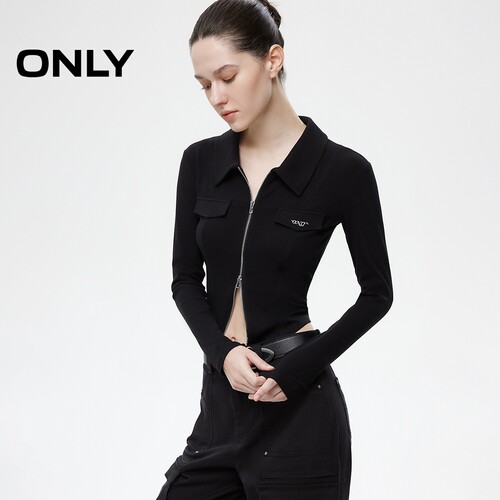 ONLY2026春季新款时尚辣妹风正肩翻领拉链开衫黑色T恤女 - 图0