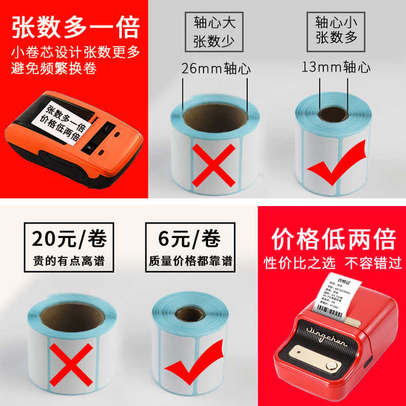 图大师小卷芯优质三防热敏标签纸 60*40x30 打印纸便携式手持打印机标签条码快递吊牌菜鸟驿站取件码上架吊牌