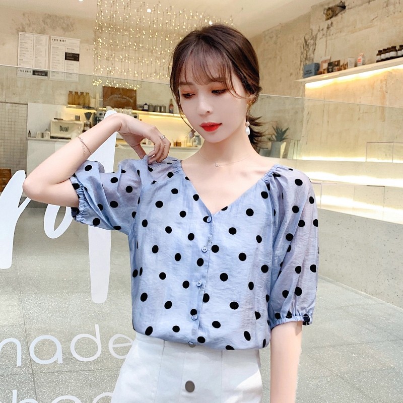 波点女夏短袖2020年新款宽松衬衫 素手挽歌蕾丝衫/雪纺衫