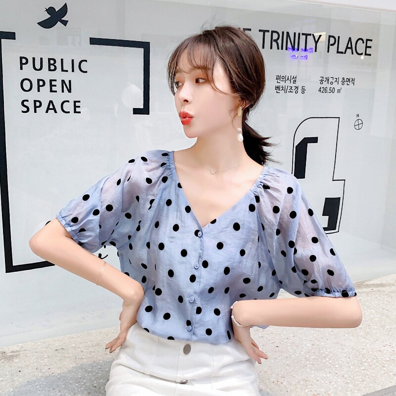 波点女夏短袖2020年新款宽松衬衫 素手挽歌蕾丝衫/雪纺衫