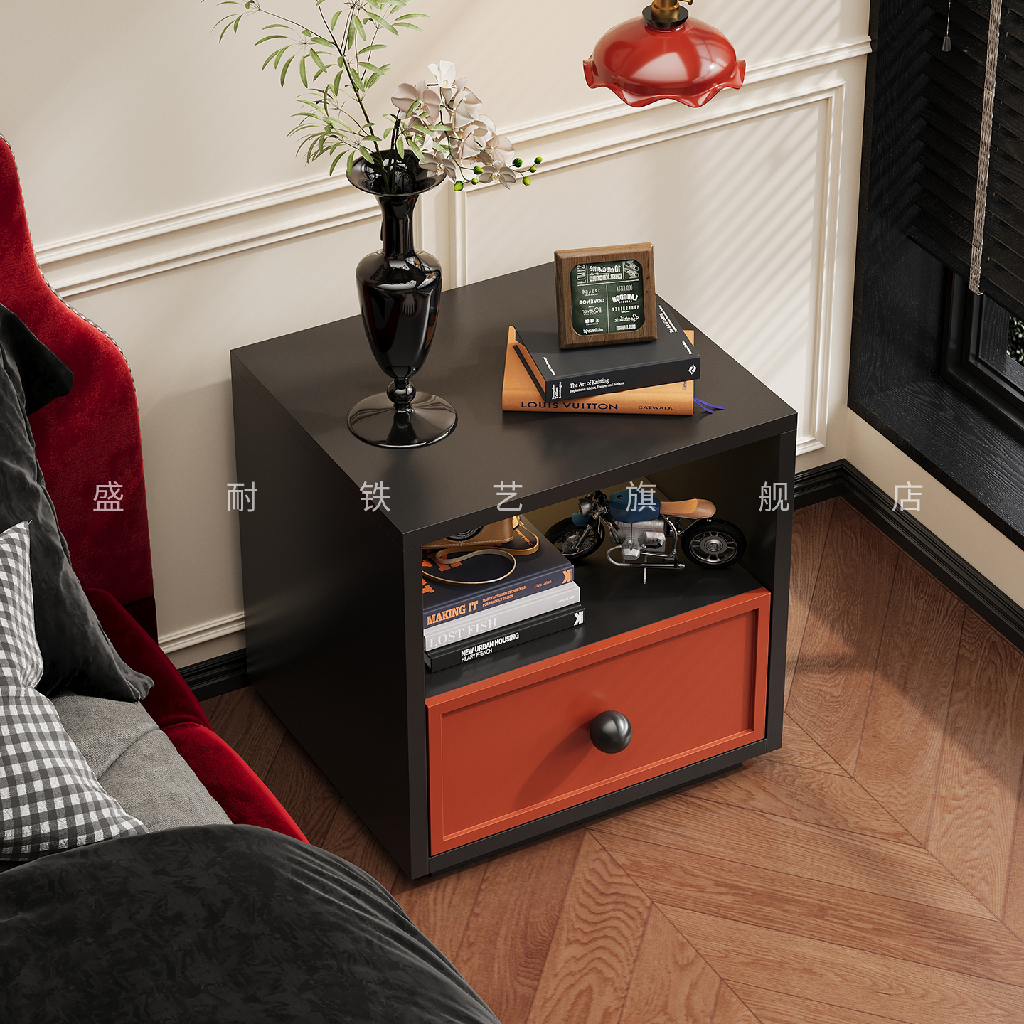 钢制复古风床头柜置物架家用卧室斗柜沙发旁边收纳铁皮柜储物柜子 - 图0