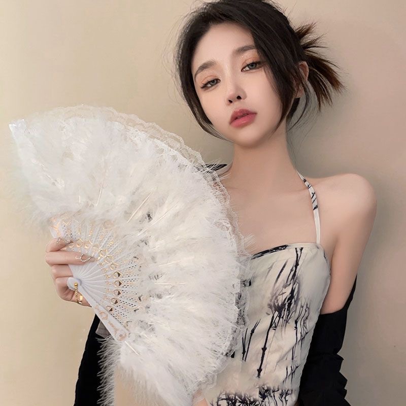 白色羽毛扇子网红复古风扇配旗袍舞蹈走秀越鸟仙气宫廷风少女折扇 - 图2