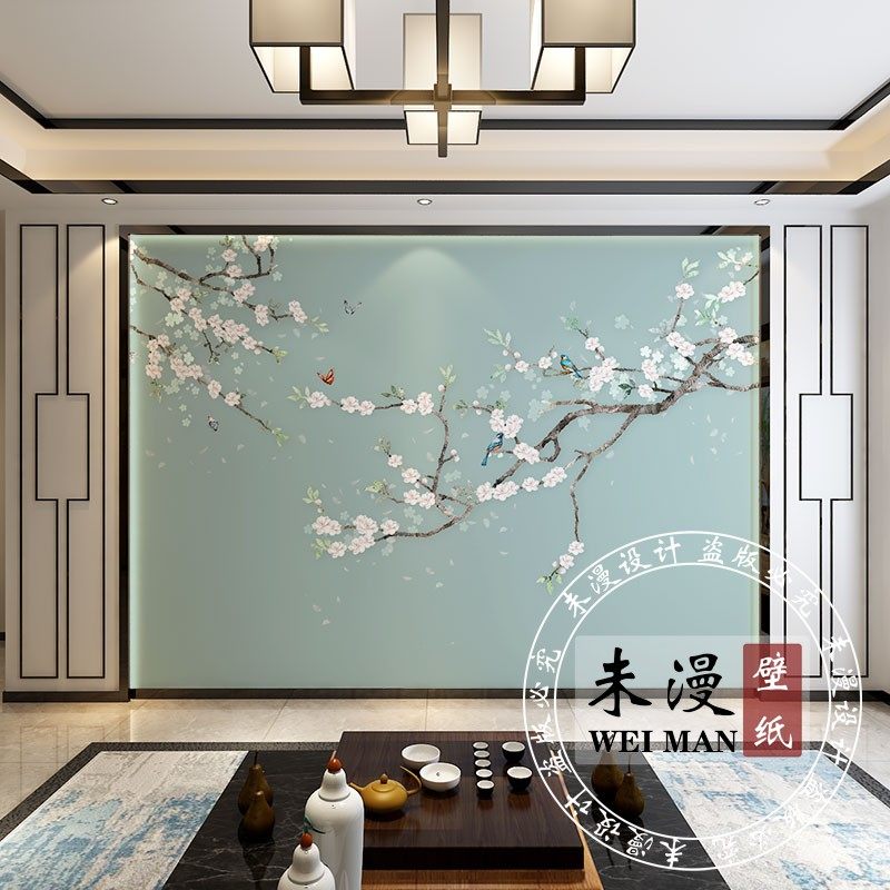 清新简约新中式花鸟客厅电视背景墙壁纸现代简约3D立体壁画素色_虎窝淘