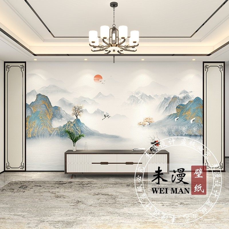 新中式大气山水电视背景墙壁纸意境水墨客厅沙发影视墙布无缝壁画_虎窝淘