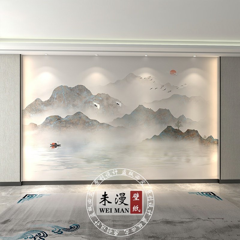 定制壁纸轻奢新中式水墨山水壁布电视背景墙壁画客厅沙发墙布墙纸_虎窝淘