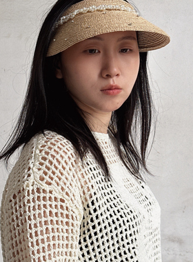 手工拉菲草空顶帽女士珍珠带钻设计感洋气遮阳帽防晒帽夏季发箍帽