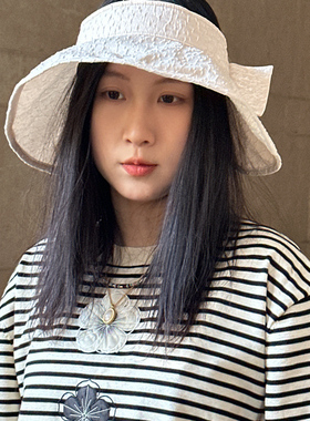 精致感轻便米色空顶帽蝴蝶结女士大帽檐洋气时髦遮阳帽防晒帽潮