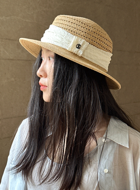 灰色绿色镂空波嬉风平顶草帽遮阳帽度假春游防晒帽女士夏季显脸小