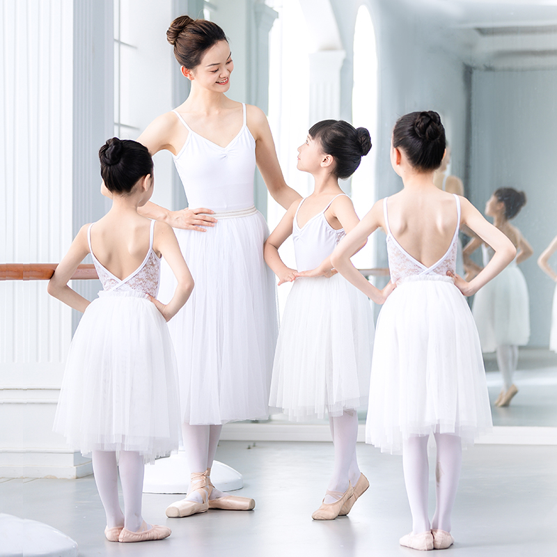 儿童舞蹈服吊带后背白色蕾丝体服芭蕾舞练功服女童艺考专用体操服 - 图0