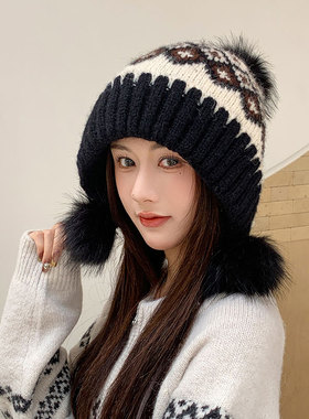 秋冬加绒加厚三毛球针织毛线帽女