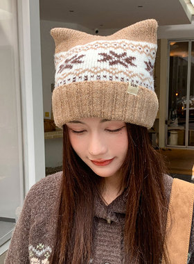 甜美女生猫耳毛线帽子秋冬季加绒保暖护耳套头帽显脸小提花针织帽