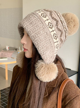 针织三球帽减龄可爱女秋冬水钻厚