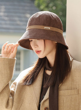 秋冬季渔夫帽女加厚保暖双色圆顶桶帽韩版百搭显脸小灯芯绒盆帽冬