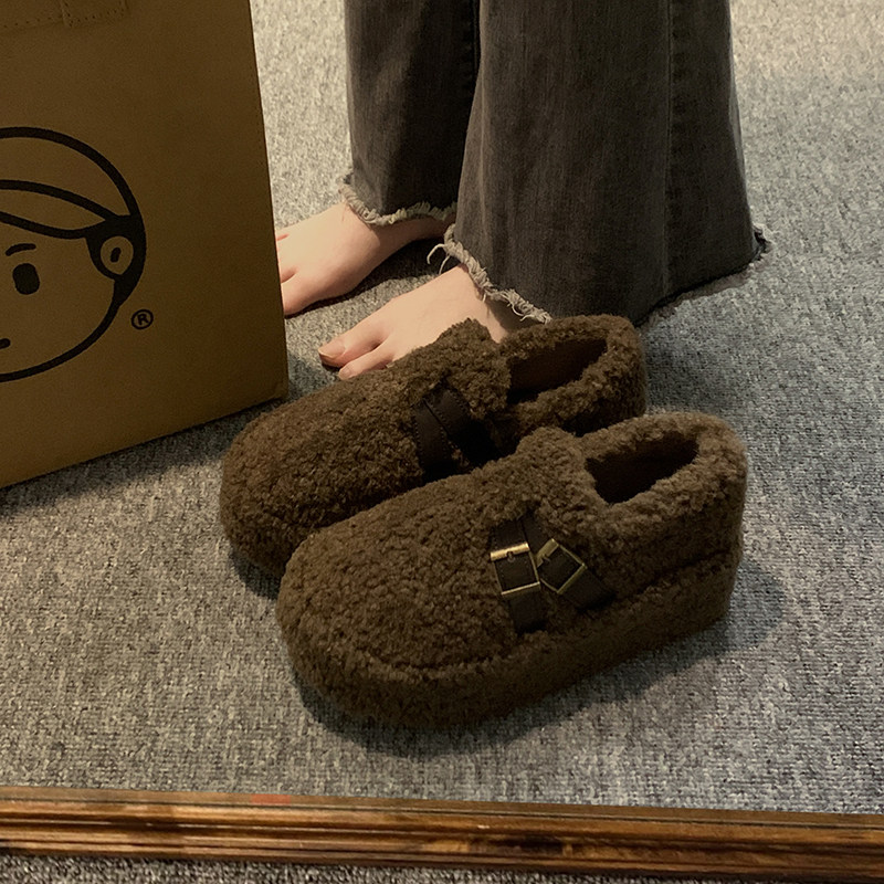 平底毛毛鞋女2025冬季新款复古洋气豆豆鞋百搭小个子厚底加绒棉鞋,淘宝优惠券,粉丝福利购,淘宝优惠卷