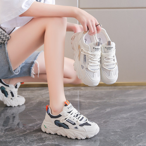 真皮老爹鞋女2025春季新款百搭圆头系带透气跑步鞋厚底轻便运动鞋 - 图3