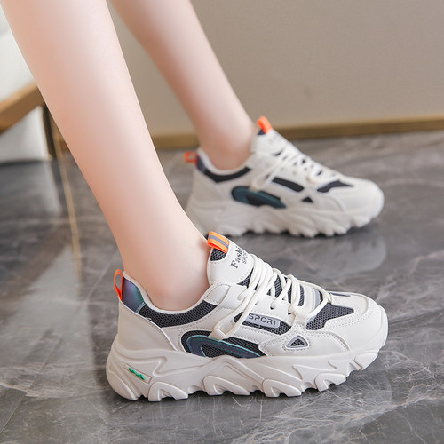 真皮老爹鞋女2025春季新款百搭圆头系带透气跑步鞋厚底轻便运动鞋 - 图2