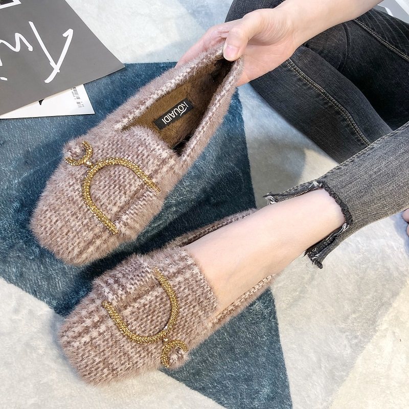 潮牌毛毛鞋女外穿女2025冬季加绒豆豆鞋百搭平底单鞋水貂毛棉瓢鞋,淘宝优惠券,粉丝福利购,淘宝优惠卷