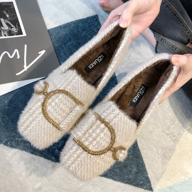 潮牌毛毛鞋女外穿女2025冬季加绒豆豆鞋百搭平底单鞋水貂毛棉瓢鞋,淘宝优惠券,粉丝福利购,淘宝优惠卷