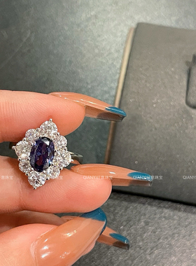 QIANYI仟意珠宝【奢华系列】贵气s925纯银奢华蛋形蓝宝石围镶戒指