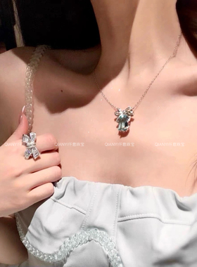 QIANYI仟意珠宝名媛风气质高级感奢华丽托帕蓝立体蝴蝶结锁骨项链