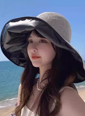 防晒帽女夏季遮阳防晒紫外线渔夫帽遮脸黑胶海边太阳帽大帽檐新款