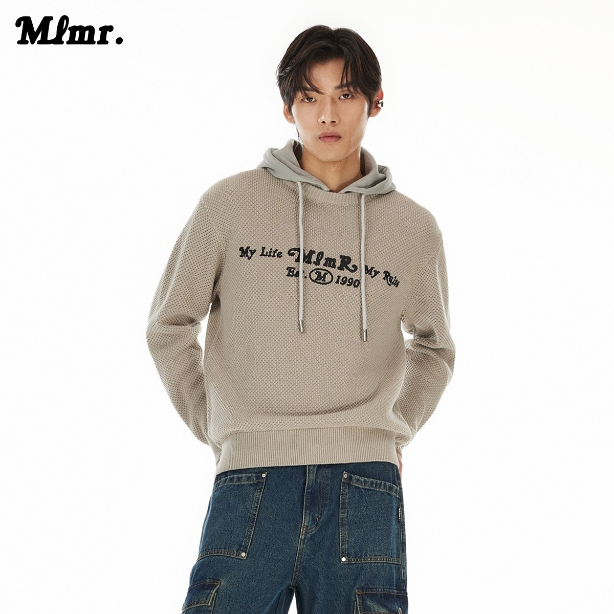 MLMR秋季纯棉舒适做旧字母胶印肌理感提花设计毛衣针织衫男女同款
