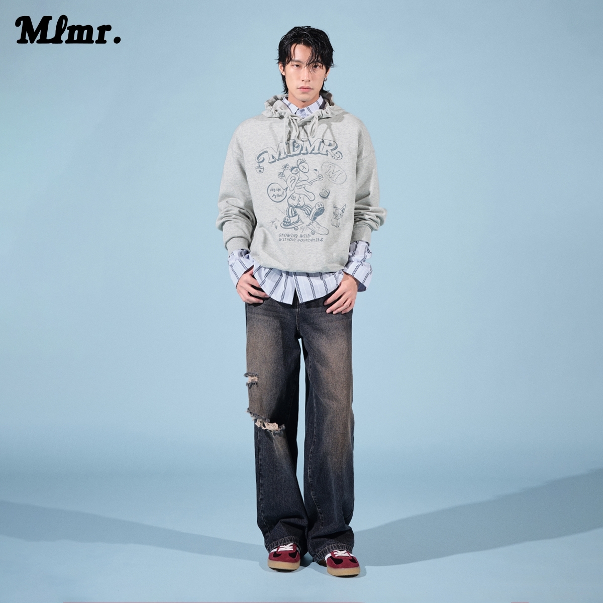 MLMR秋季宽松舒适胸前趣味胶印图案抽绳连帽卫衣上衣男女同款男装