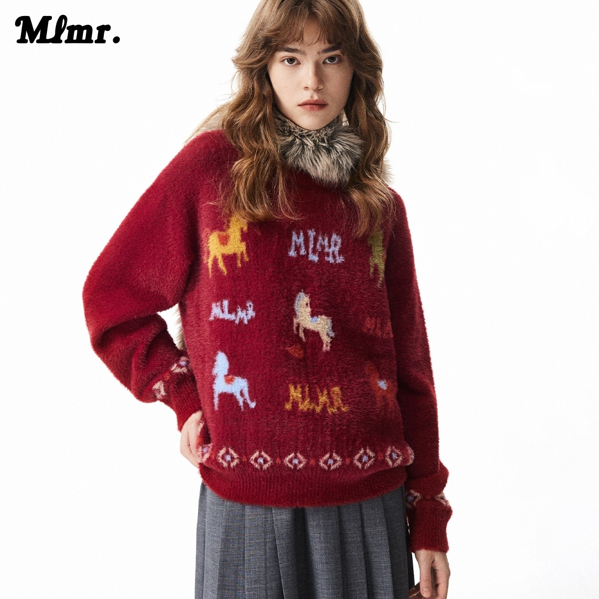 MLMR新款百搭风圆领字母动物提花时尚潮流日常毛衣针织衫男女,淘宝优惠券,粉丝福利购,淘宝优惠卷