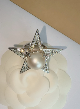 五星满钻大珍珠奢华时尚夸张高级气质配饰女银色戒指