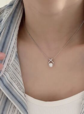 足银999镶钻交叉珍珠项链轻奢小