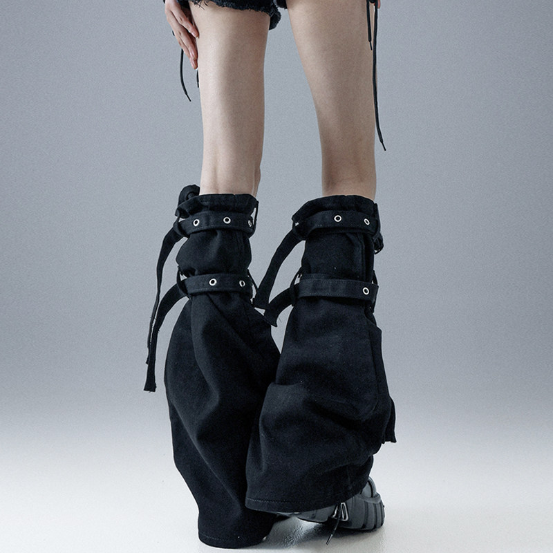 Solost 黑色牛仔腿套女春夏工装口袋绑带微喇显瘦机能风过膝袜套,淘宝优惠券,粉丝福利购,淘宝优惠卷