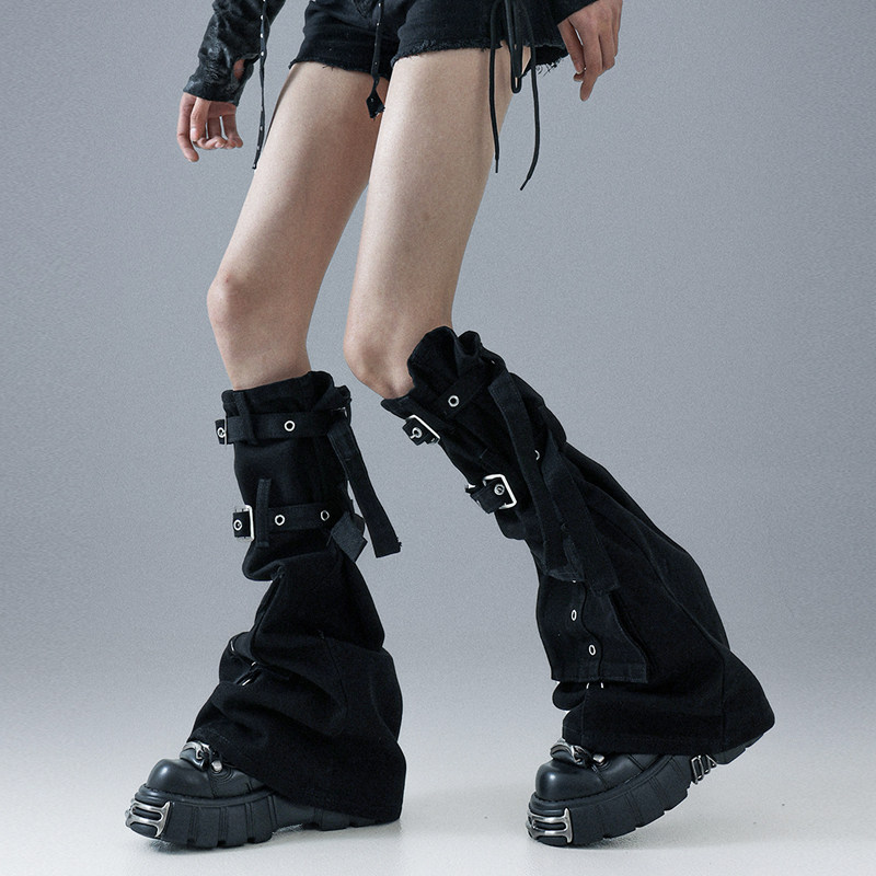 Solost 黑色牛仔腿套女春夏工装口袋绑带微喇显瘦机能风过膝袜套,淘宝优惠券,粉丝福利购,淘宝优惠卷