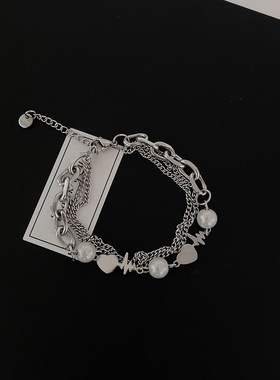 欧美嘻哈双层链条反光女爱心手链