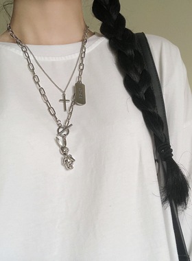 ins多层嘻哈女时尚十字架项链 可活动兔子项链吊坠潮流个性毛衣链