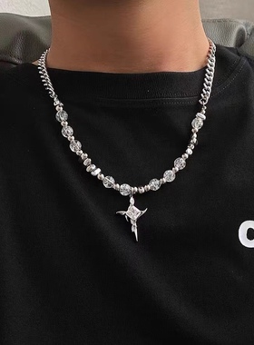 小众星体冰裂珠拼接十字架项链男嘻哈痞帅高级设计感锁骨链配饰女