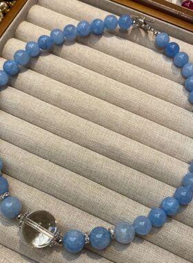 10M天然冰种海蓝宝色搭白水晶串