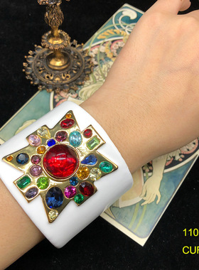 欧美重工西洋中古白色珐琅釉红宝