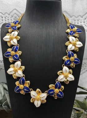 复古董项链新款典雅蓝白相间花朵