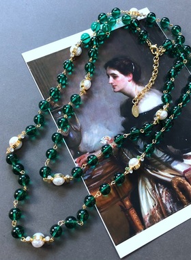 电镀真金长款湖蓝绿色琉璃圆珠项