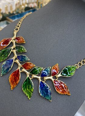 vintage饰品红绿珐琅釉树叶项链