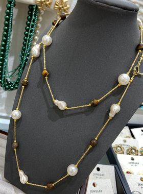 虎眼石竹节吊坠珍珠项链复古美拉