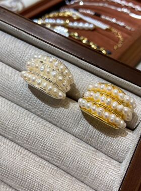 中古风黄铜镀金淡水珍珠串珠戒指