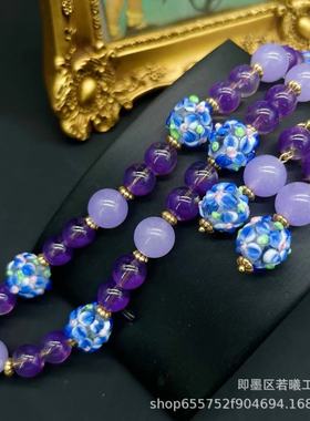 紫色花朵琉璃耳环vintage穆拉诺